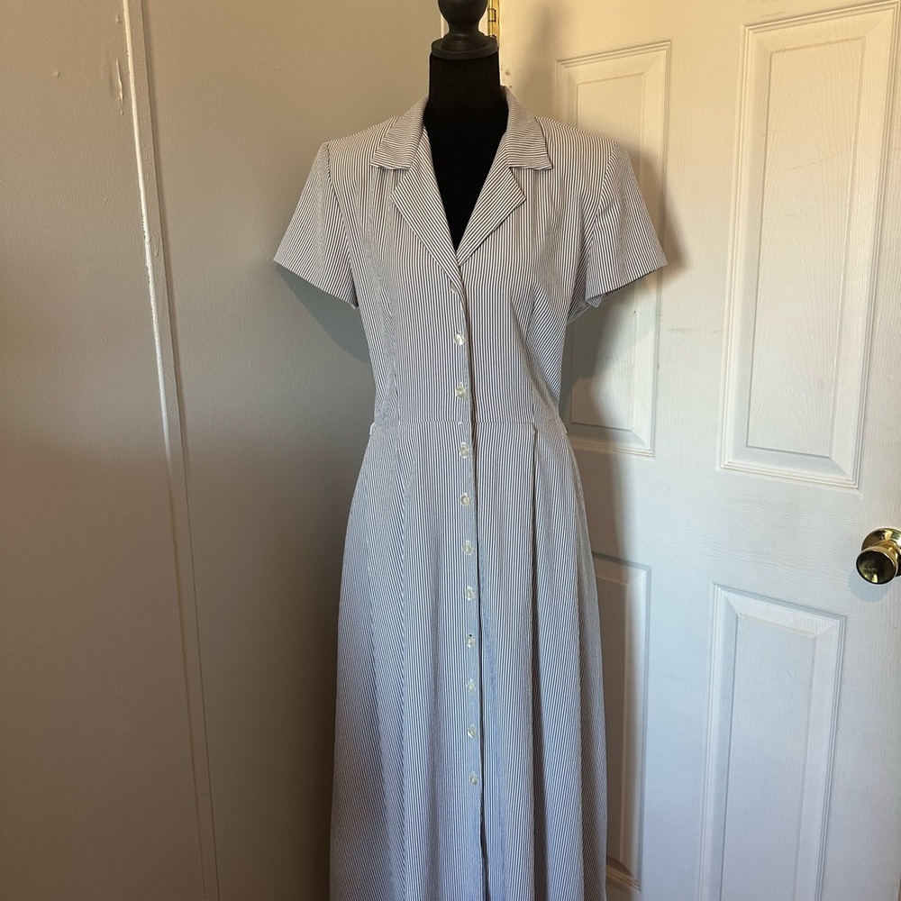 KENAR Striped Collared Shirt Dress Blue White Button Short Sleeve Woven Size 8
